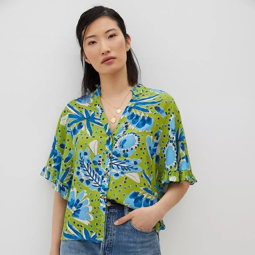 Anthropologie Green and Blue Vera Valley Flutter Short Sleeve Button Up Blouse